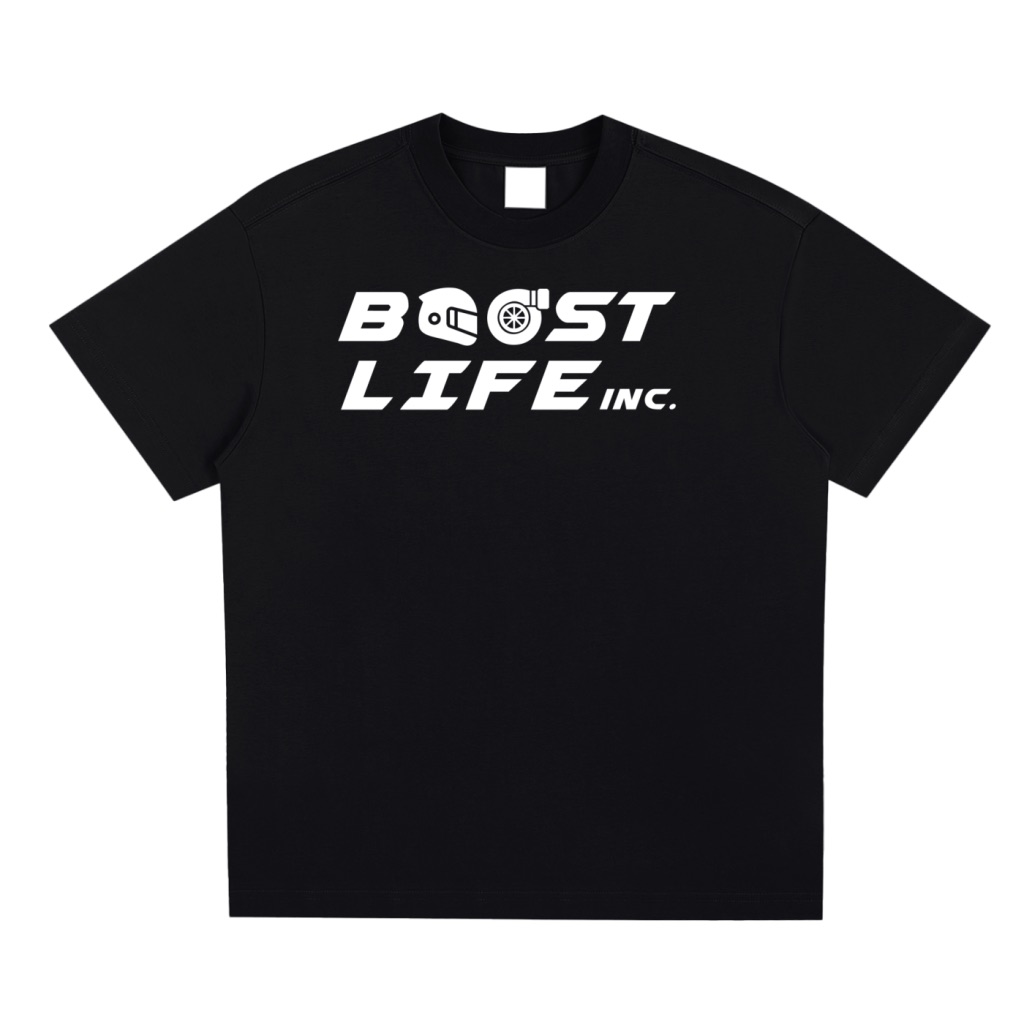 BoostLife logo black tee — front